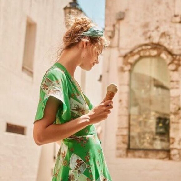 ANTHROPOLOGIE | Meadow Rue GREEN Bon Voyage Wrap Waist Tie Blouse Size 4 - Picture 3 of 7